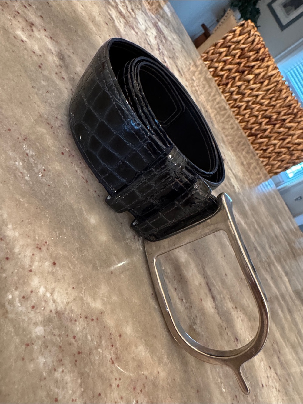 Sandy Duftler Black Patent Croc Belt with Silver Spur Buckle